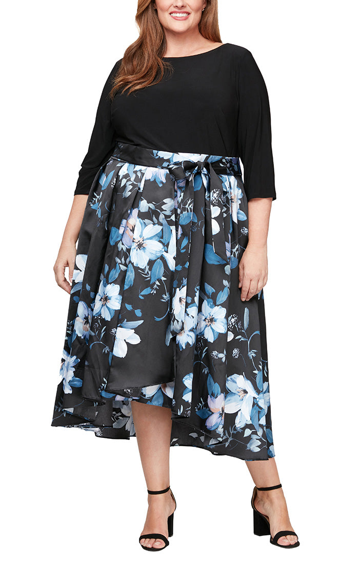 Plus Printed Mikado High/Low Party Dress with 3/4 Sleeves, Tie Belt & Pockets