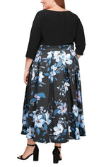 Plus Printed Mikado High/Low Party Dress with 3/4 Sleeves, Tie Belt & Pockets