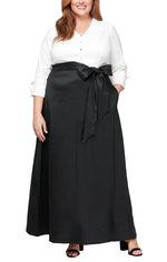 Plus Long A-Line Taffeta Dress with Collar and Center Front Button Detail