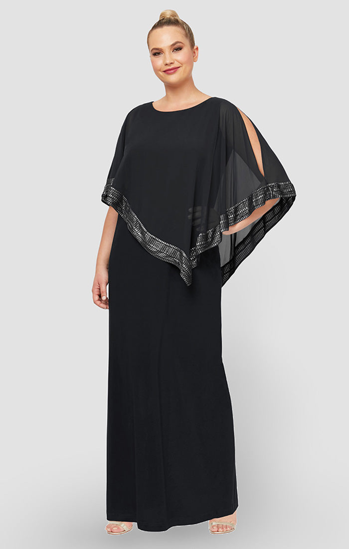 Plus Jersey Column Dress with Asymmetrical Chiffon Cape Overlay with Metallic Trim