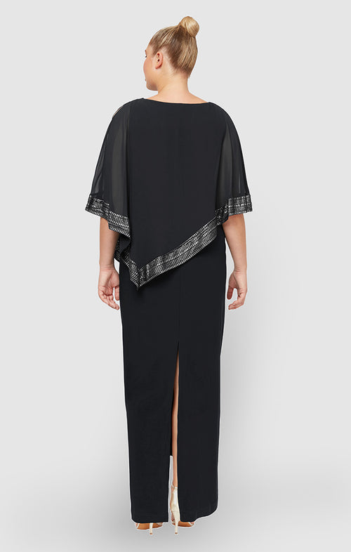 Plus Jersey Column Dress with Asymmetrical Chiffon Cape Overlay with Metallic Trim