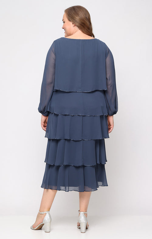 Plus Tea Length Tiered Dress with Bugle Beads