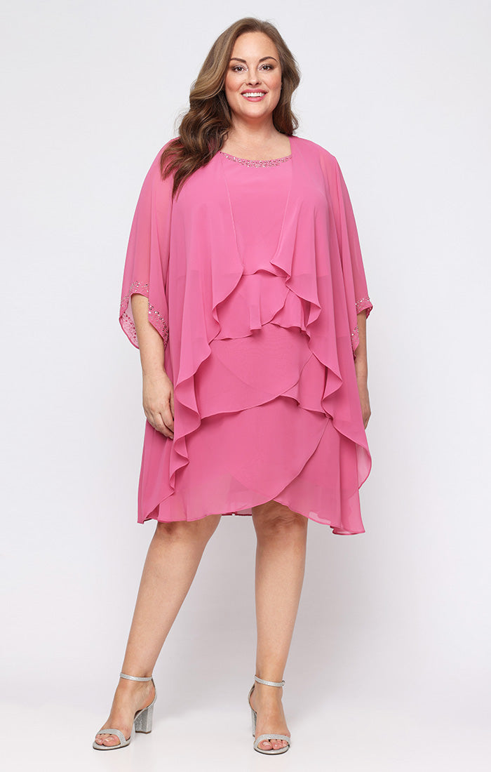 Plus Short Tiered Chiffon Jacket Dress with Embellishment Detail at Neckline and Sleeves
