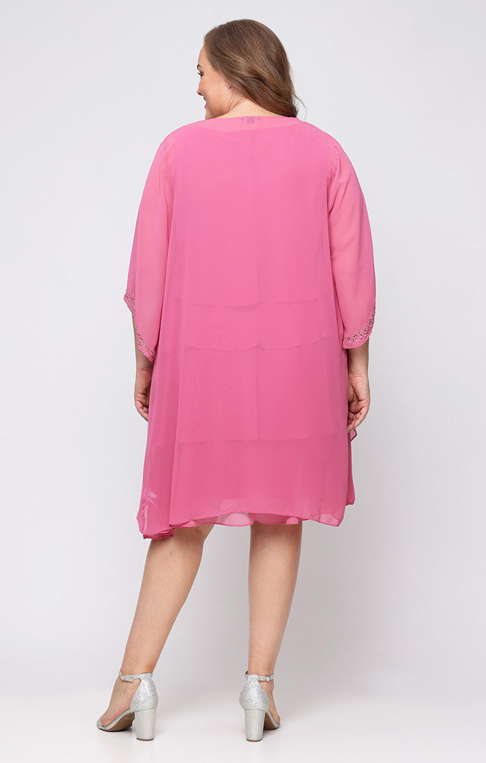 Plus Short Tiered Chiffon Jacket Dress with Embellishment Detail at Neckline and Sleeves