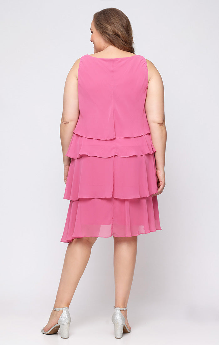 Plus Short Tiered Chiffon Jacket Dress with Embellishment Detail at Neckline and Sleeves