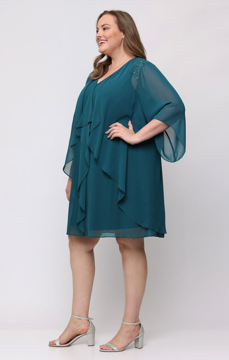 chiffon jacket dress Sl Fashions Plus Size V-Neck Beaded-Shoulder - Mallard Second Hand Vintage St. John Blue Durable stretch chiffon material Color:Fire on the Mountain