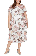 Plus Tea Length Printed Tiered Dress With Capelet Sleeves and Embellishment at Shoulders