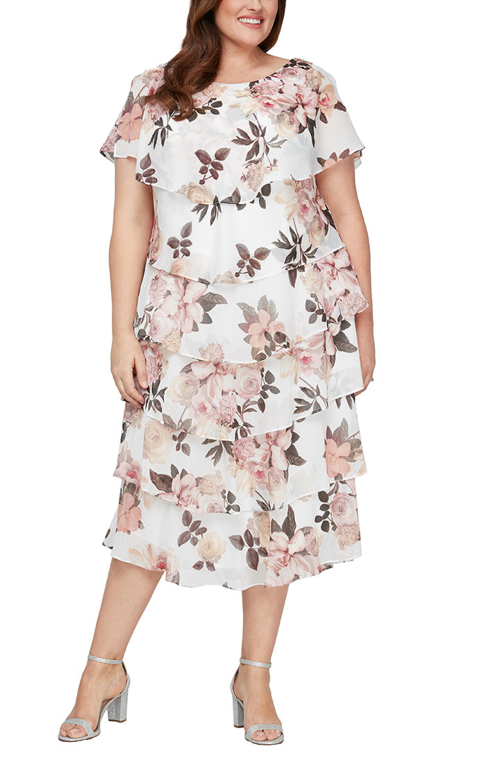 Plus Tea Length Printed Tiered Dress With Capelet Sleeves and Embellishment at Shoulders