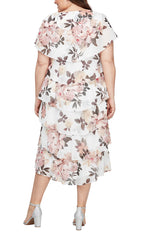 Plus Tea Length Printed Tiered Dress With Capelet Sleeves and Embellishment at Shoulders