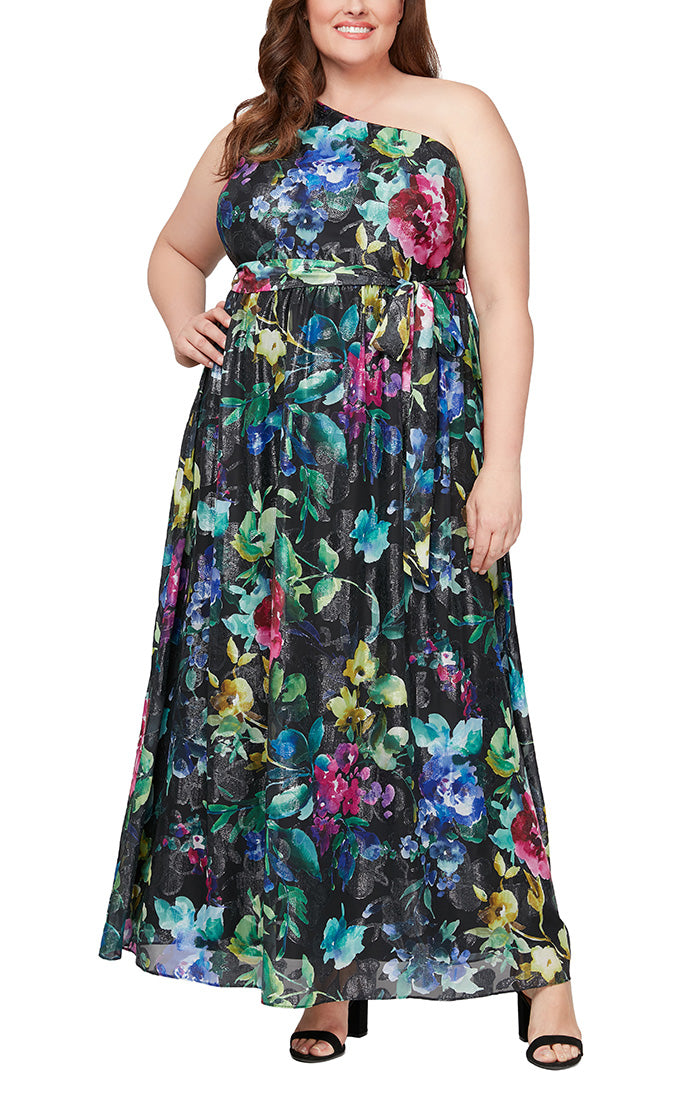 Plus Long Printed One Shoulder Maxi with Tie Waist