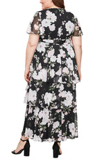 Plus - Long Printed Maxi with Surplice Neckline, Tie Belt and Tiered Skirt