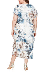 Plus Tea-Length Georgette Tiered Dress with Capelet Sleeves