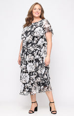 Plus Midi Printed Dress with Embellishment at Shoulders