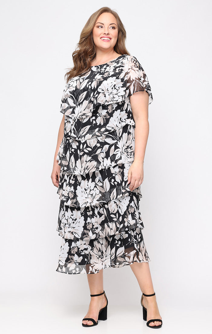 Plus Midi Printed Dress with Embellishment at Shoulders