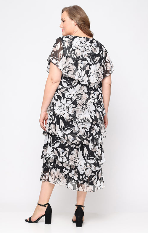 Plus Midi Printed Dress with Embellishment at Shoulders
