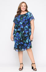 Plus - Short Printed Chiffon Tier Dress with Embellishment Detail at Shoulders