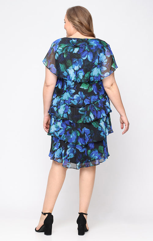 Plus - Short Printed Chiffon Tier Dress with Embellishment Detail at Shoulders