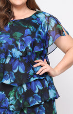 Plus - Short Printed Chiffon Tier Dress with Embellishment Detail at Shoulders