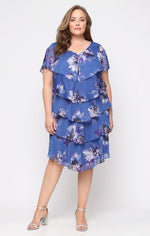 Plus Short Printed Lurex Chiffon Tiered Dress with Embellished V-Neckline