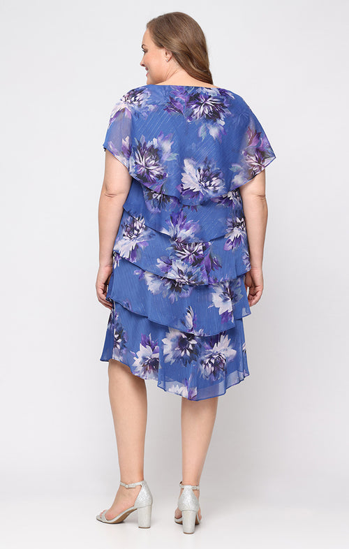Plus Short Printed Lurex Chiffon Tiered Dress with Embellished V-Neckline