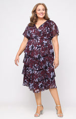 Plus Tea Length Printed Lurex Yoryu Dress with Empire Waist and Tiered Skirt
