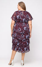 Plus Tea Length Printed Lurex Yoryu Dress with Empire Waist and Tiered Skirt