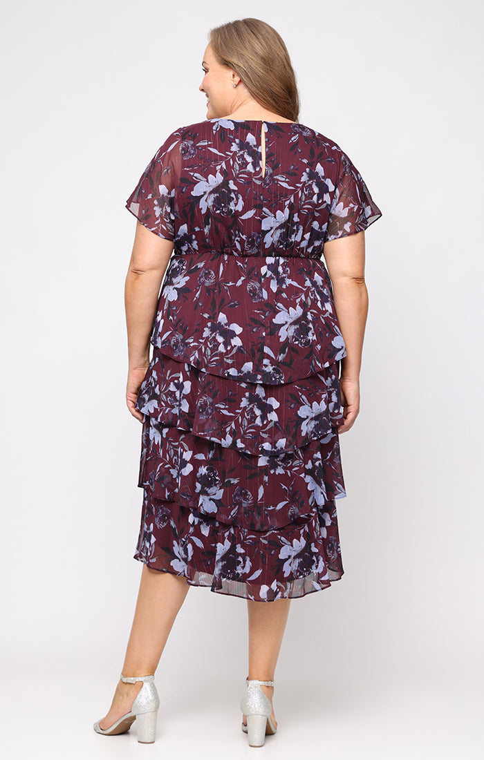 Plus Tea Length Printed Lurex Yoryu Dress with Empire Waist and Tiered Skirt