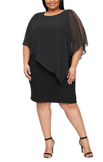 Plus Jersey Sheath Dress with Asymmetric Chiffon Capelet with Embellished Illusion Panel