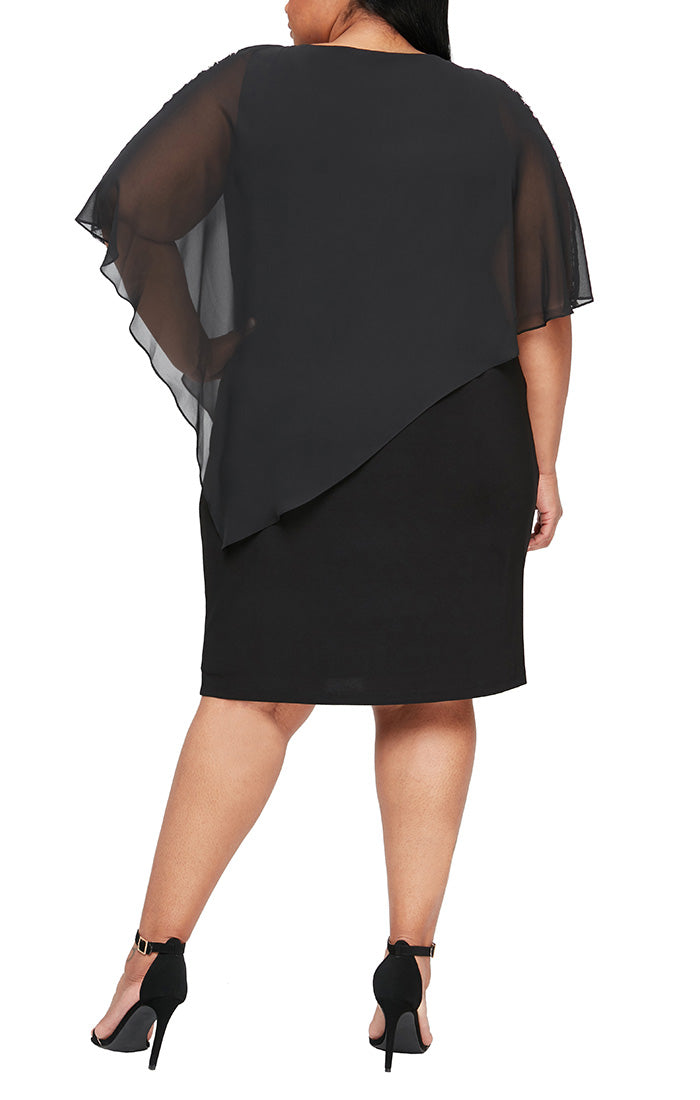Plus Jersey Sheath Dress with Asymmetric Chiffon Capelet with Embellished Illusion Panel