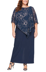 Plus Long Column Dress with Foil Printed Asymmetric Overlay