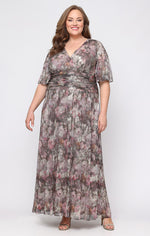 Long Metallic Knit Surplice Dress with Ruched Waist & Flutter Sleeves