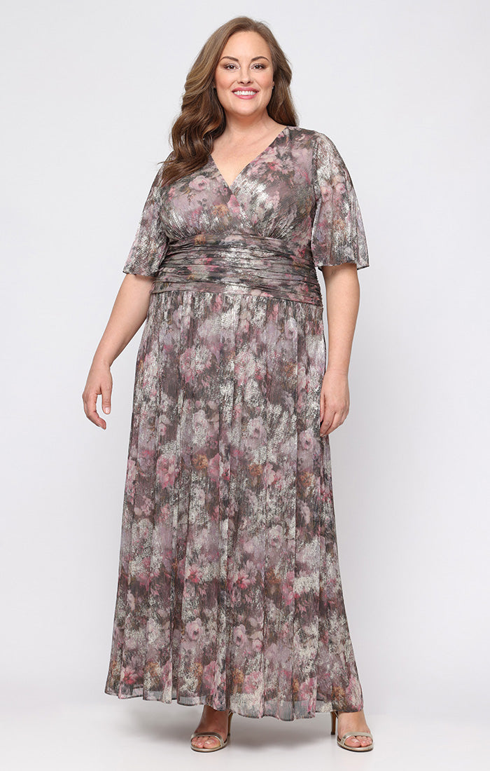 Long Metallic Knit Surplice Dress with Ruched Waist & Flutter Sleeves