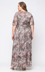 Long Metallic Knit Surplice Dress with Ruched Waist & Flutter Sleeves
