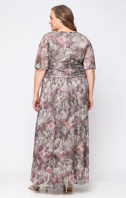 Long Metallic Knit Surplice Dress with Ruched Waist & Flutter Sleeves