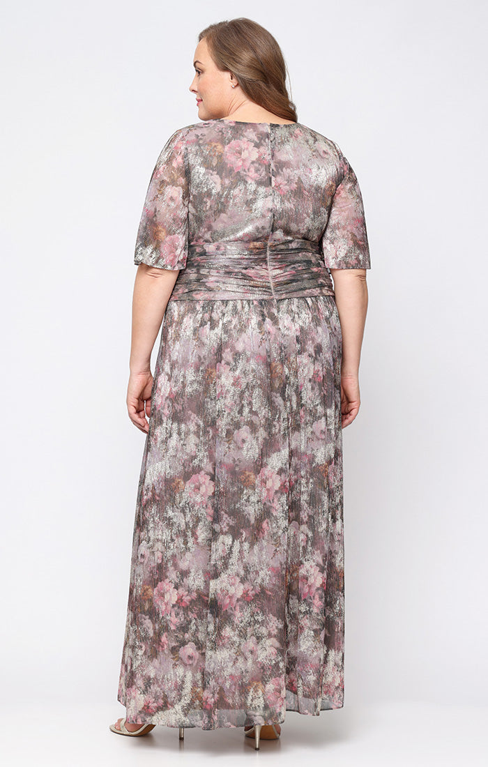 Long Metallic Knit Surplice Dress with Ruched Waist & Flutter Sleeves