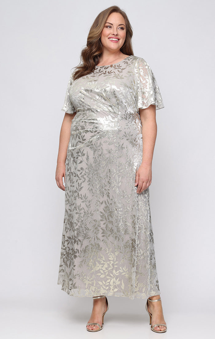 s.l. fashions plus size dresses Plus Long Fit and Flare Dress With Illusion Flutter Sleeves, Embellishment  Detail at Shoulders and Front Slit