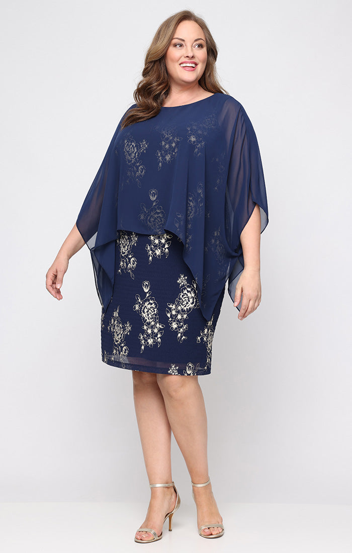 Plus Short Foil Pleated Sheath Dress with Chiffon Overlay Bodice