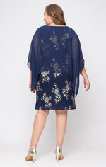 Plus Short Foil Pleated Sheath Dress with Chiffon Overlay Bodice