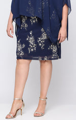 Plus Short Foil Pleated Sheath Dress with Chiffon Overlay Bodice