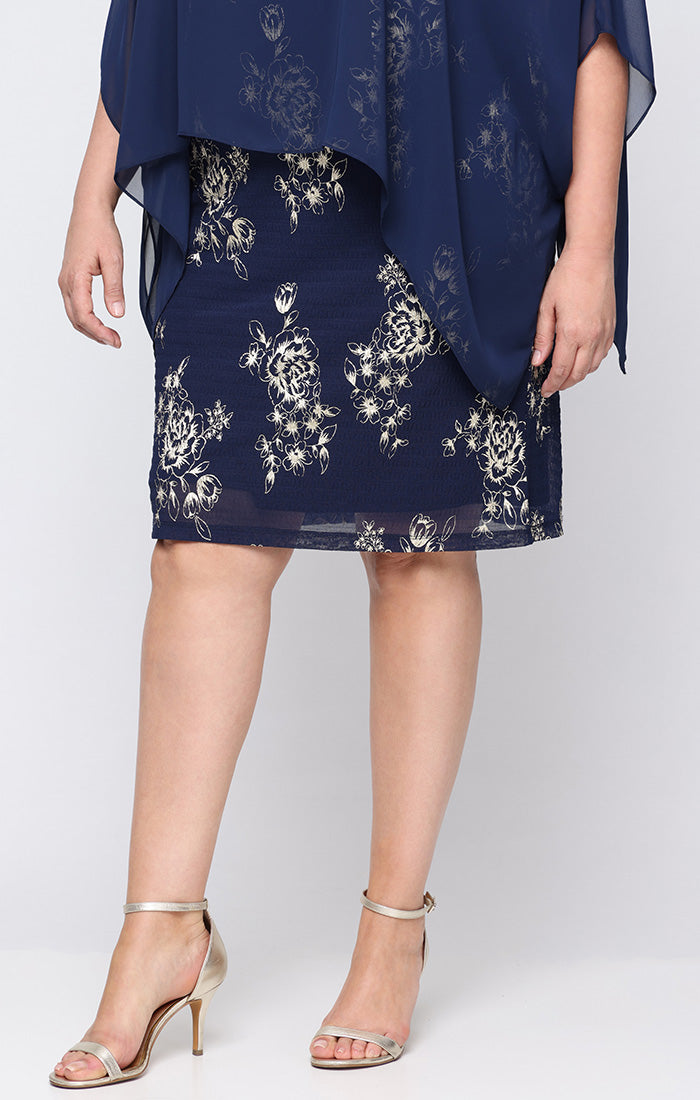 Plus Short Foil Pleated Sheath Dress with Chiffon Overlay Bodice