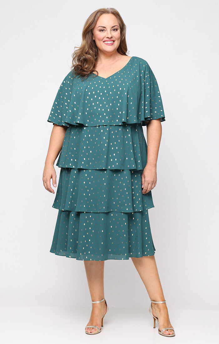 Plus Tea Length Foil Dot Chiffon Tiered Dress with V-Neckline