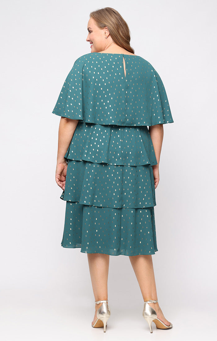 Plus Tea Length Foil Dot Chiffon Tiered Dress with V-Neckline