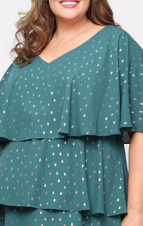 Plus Tea Length Foil Dot Chiffon Tiered Dress with V-Neckline