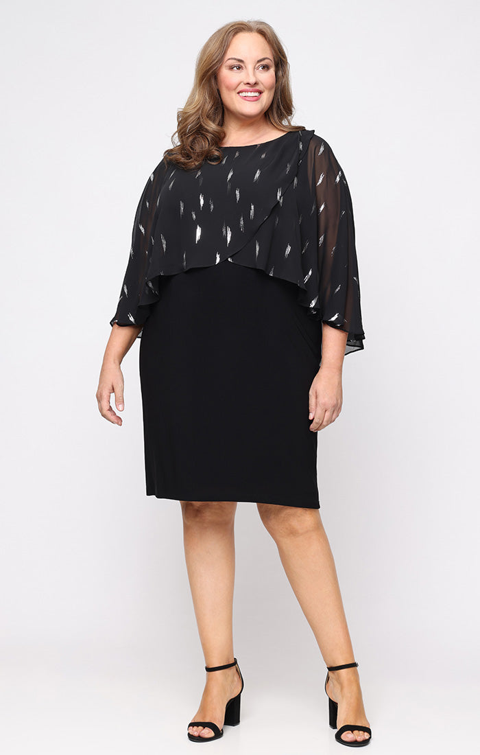Plus Short Matte Jersey Sheath Dress with Foil Printed Chiffon Overlay Bodice