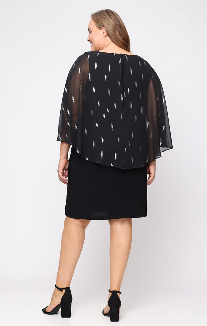 Plus Short Matte Jersey Sheath Dress with Foil Printed Chiffon Overlay Bodice