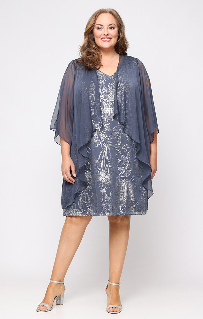 Plus Foil A-Line dress with V-Neckline and Cascade Open Jacket