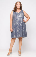 Plus Foil A-Line dress with V-Neckline and Cascade Open Jacket