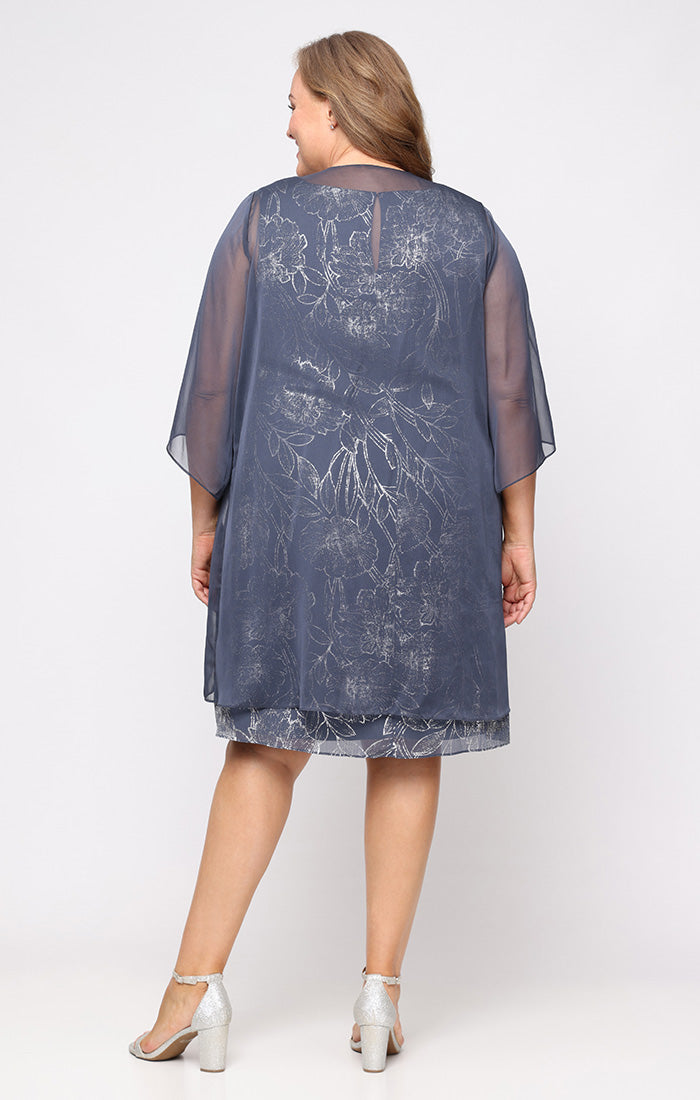 Plus Foil A-Line dress with V-Neckline and Cascade Open Jacket