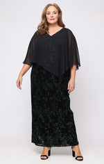 Plus Long Flocked Sequin Column Dress with Asymmetric Chiffon V-Neck Overlay