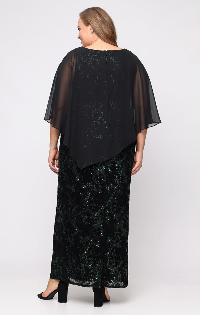 Plus Long Flocked Sequin Column Dress with Asymmetric Chiffon V-Neck Overlay